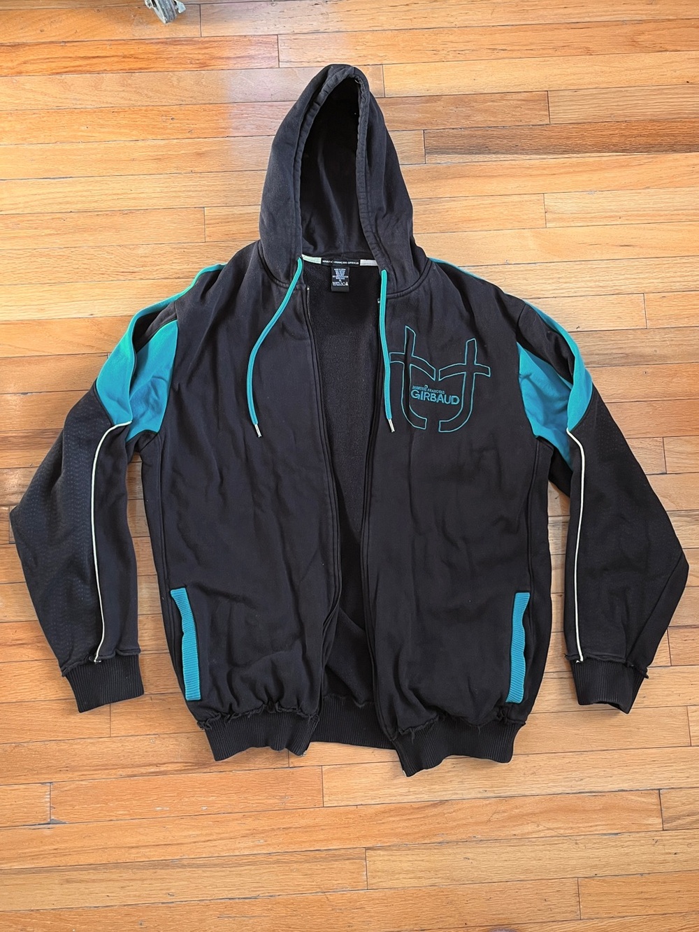 VTG Girbaud Full Zip Hoodie Black Teal Colorblock Sweatshirt Pockets Hip-Hop Y2K